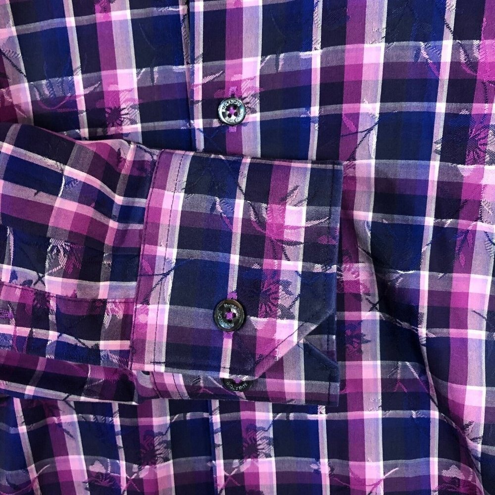 Bugatchi‎ Classic Fit Purple Blue Plaid Long Sleeve Cotton Dress Shirt 15.5 / 36 - Picture 4 of 12